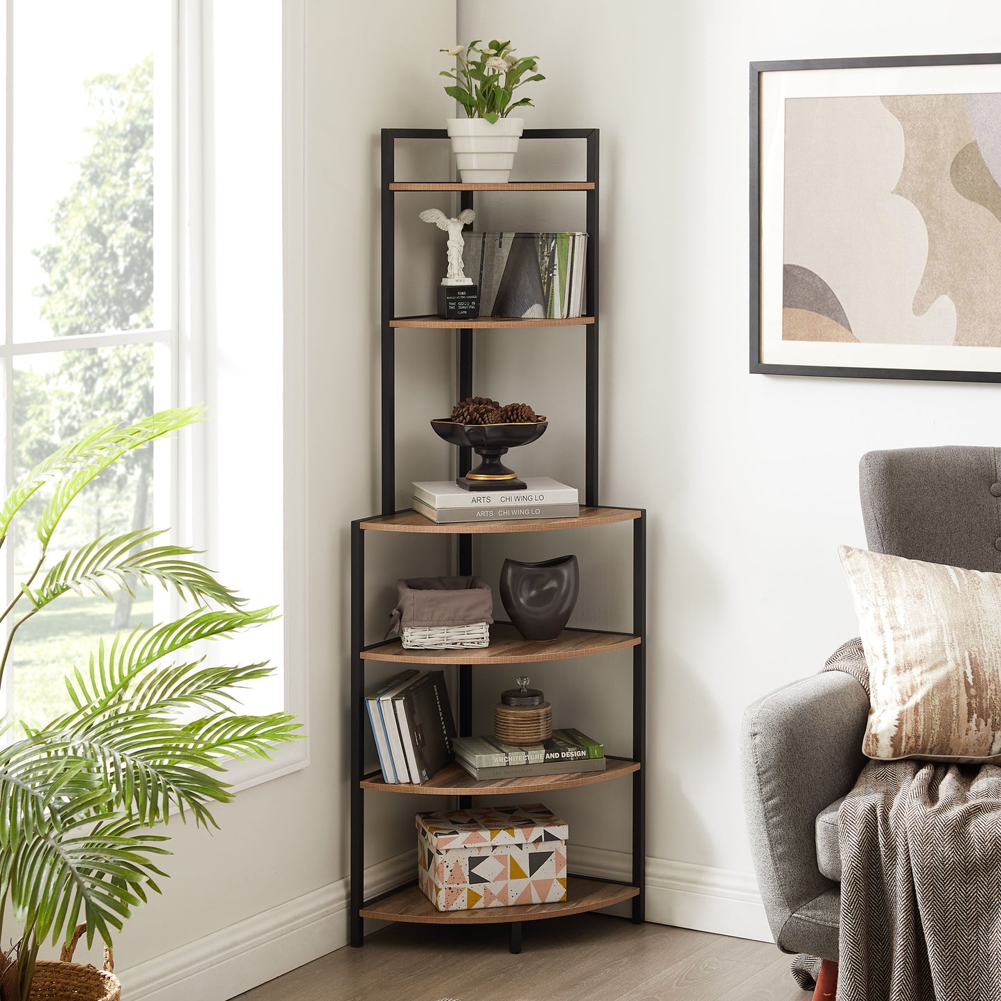 Cleo Modern Rustic 6-Tier Corner Bookcase