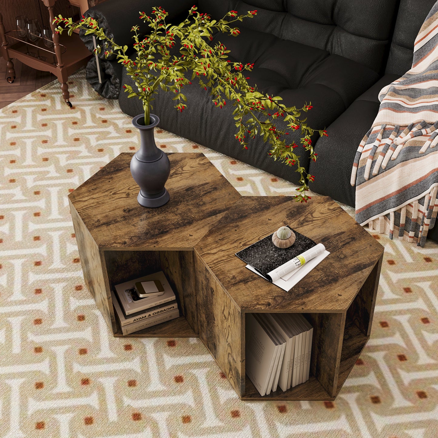 Elmcrest Modern Antique Wood Hexagonal Table