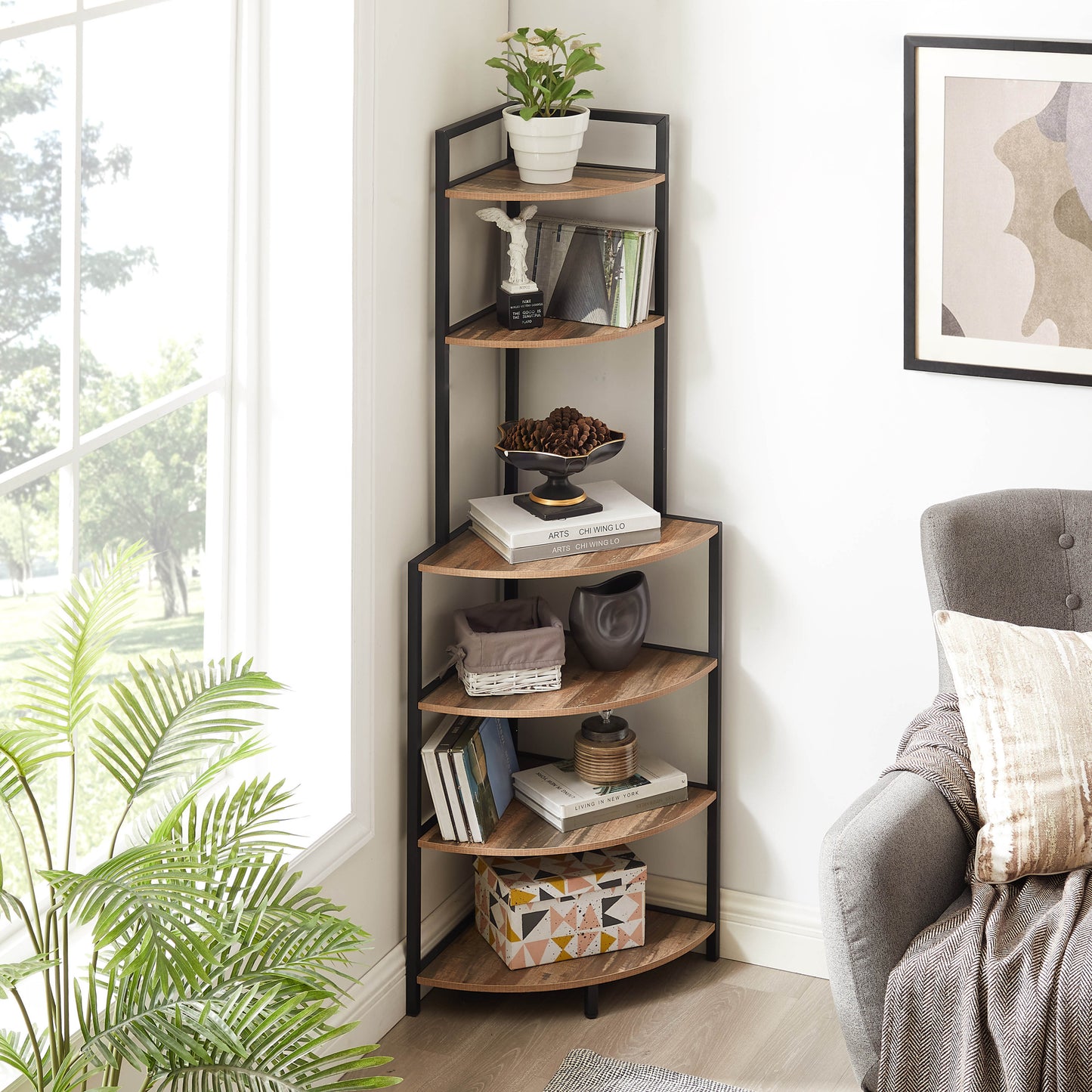 Cleo Modern Rustic 6-Tier Corner Bookcase