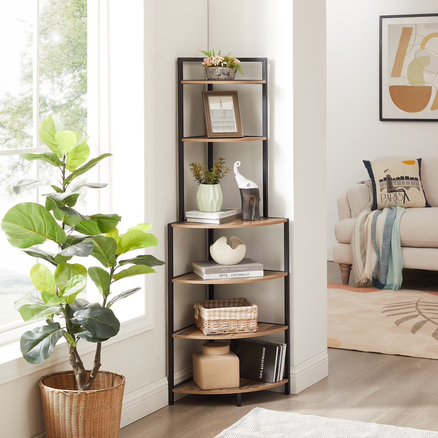 Cleo Modern Rustic 6-Tier Corner Bookcase
