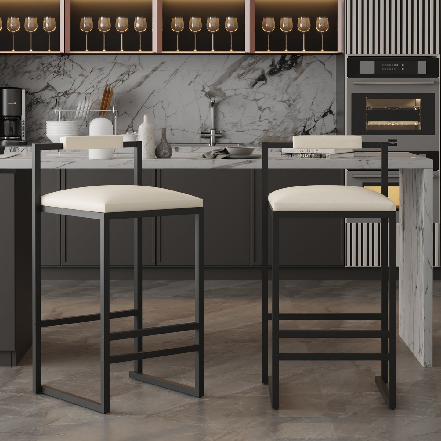 Eda Modern Set of 2 Faux Leather Upholstered Bar Stools with Metal Frame